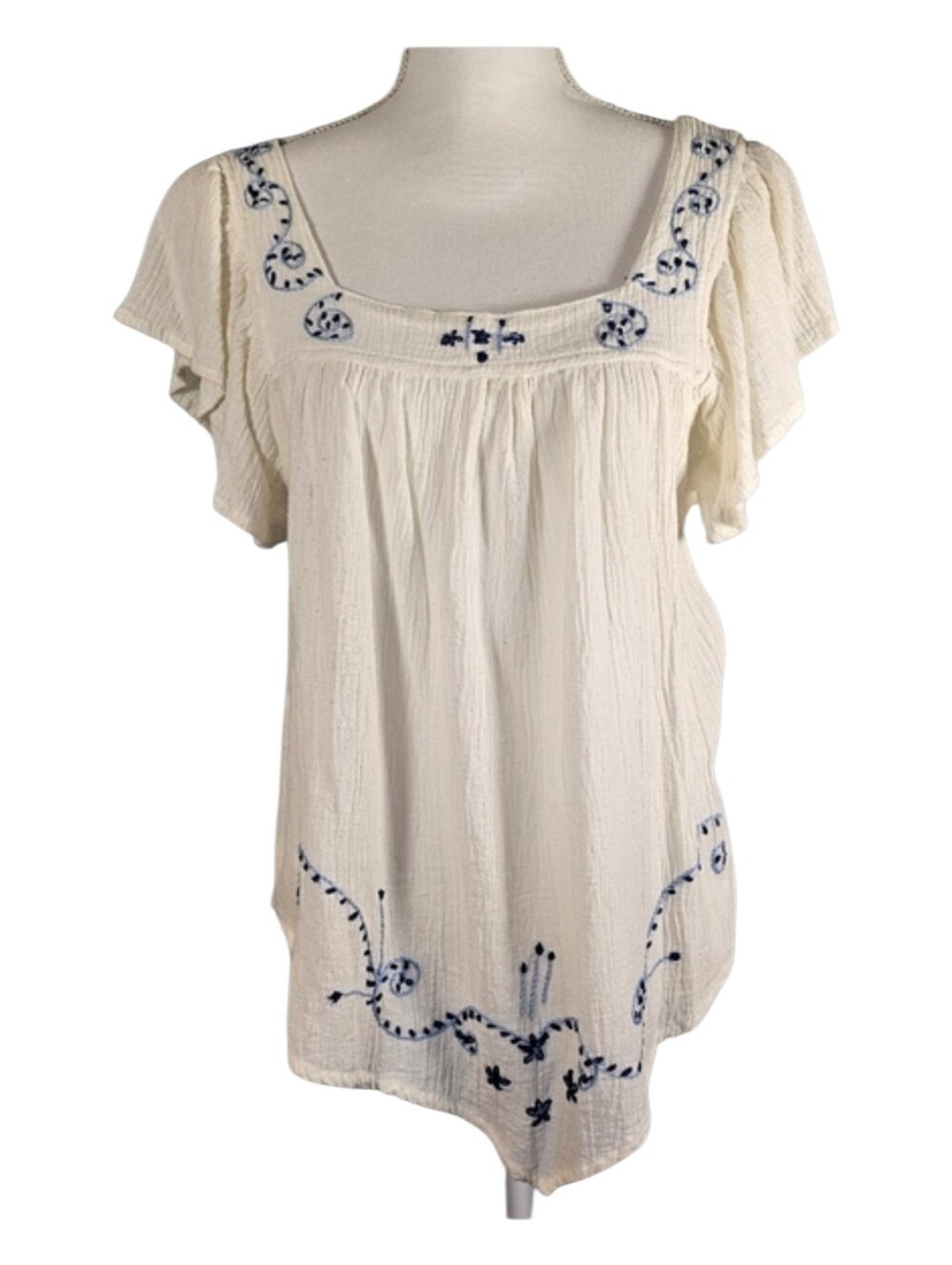 Vintage Erica Brooke White Gauze Blue Embroidered Flutter Sleeve Top Size *14